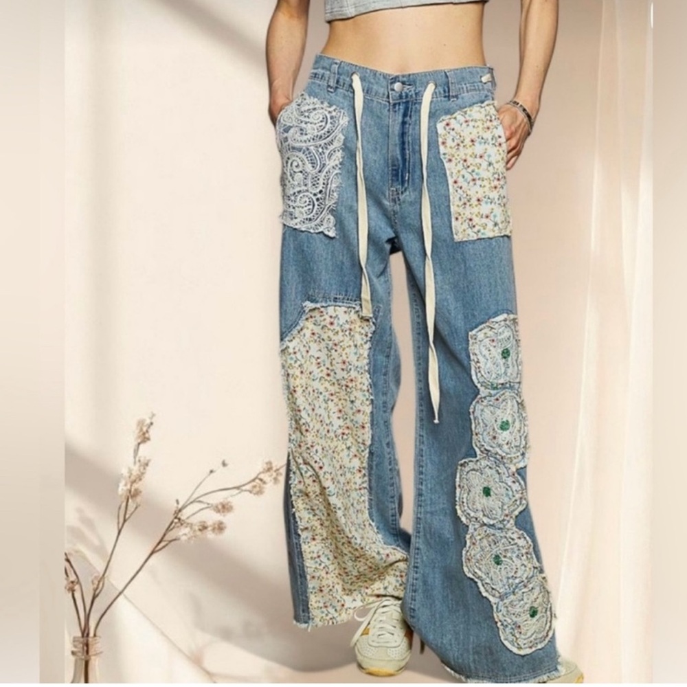 POL Boho Patchwork Denim Pants | Floral Appliqué Wide Leg Drawstring Jeans - Picture 9 of 9